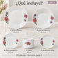 Piezas incluidas en la vajilla de porcelana Lotus, diseño Peonías Románticas: platos, plato hondo, plato de postre, taza y plato