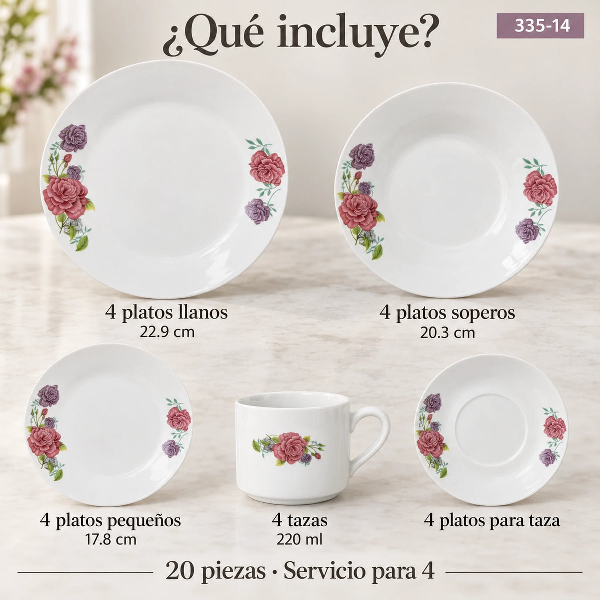 Piezas incluidas en la vajilla de porcelana Lotus, diseño Peonías Románticas: platos, plato hondo, plato de postre, taza y plato