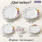 Piezas incluidas en la vajilla de porcelana Lotus, diseño Jardín Primavera: platos, plato hondo, plato de postre, taza y plato