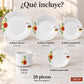 Piezas incluidas en la vajilla de porcelana Lotus, diseño Tulipán Lineal: platos, plato hondo, plato de postre, taza y plato