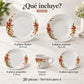 Piezas incluidas en la vajilla de porcelana Lotus, diseño Lirio Coral: platos, plato hondo, plato de postre, taza y plato