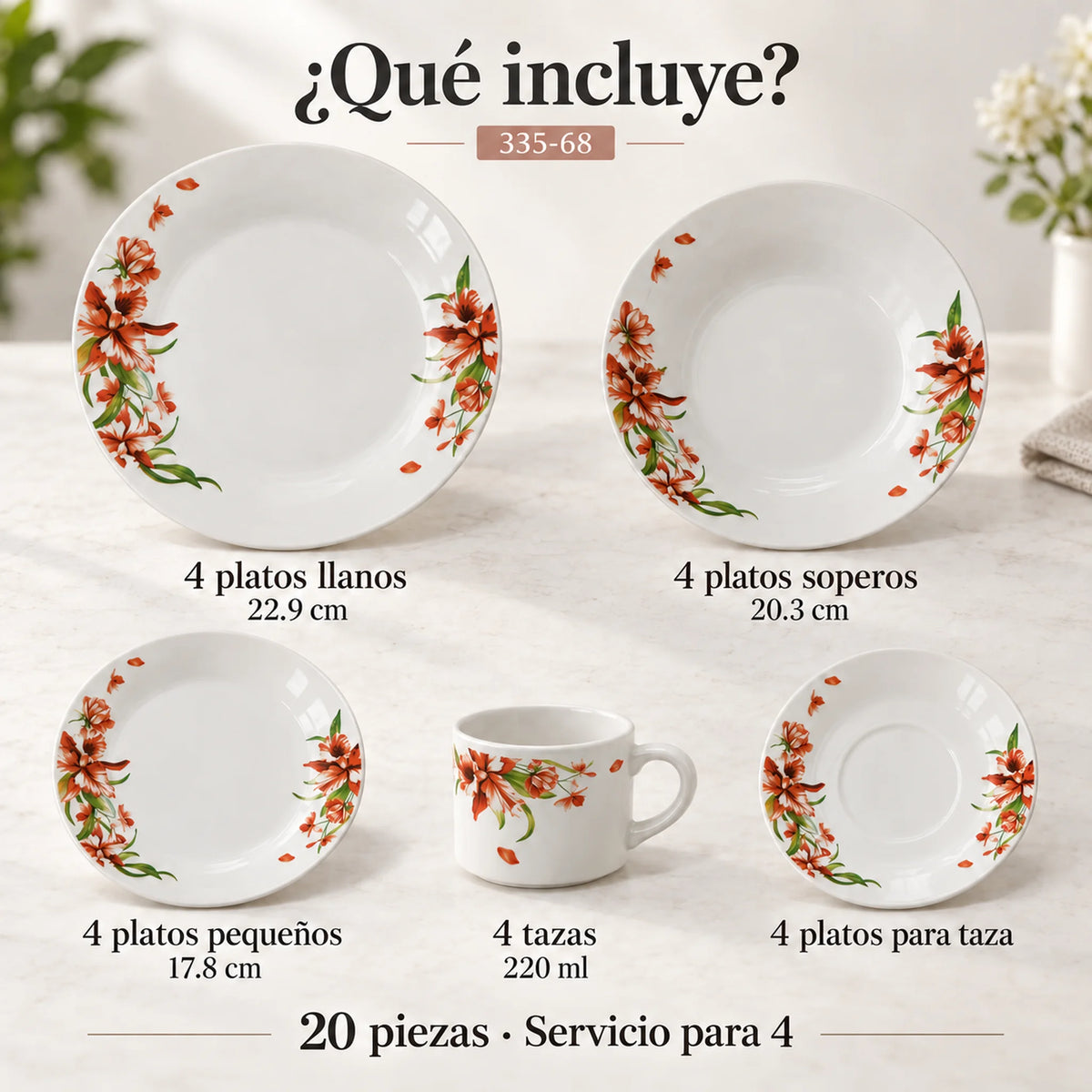 Piezas incluidas en la vajilla de porcelana Lotus, diseño Lirio Coral: platos, plato hondo, plato de postre, taza y plato