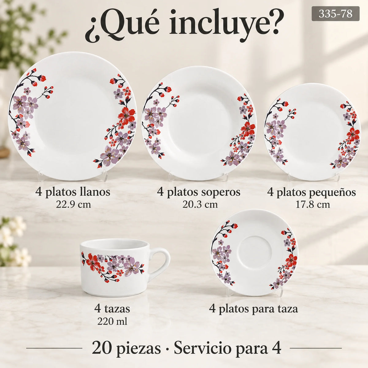 Piezas incluidas en la vajilla de porcelana Lotus, diseño Flor de Cerezo: platos, plato hondo, plato de postre, taza y plato