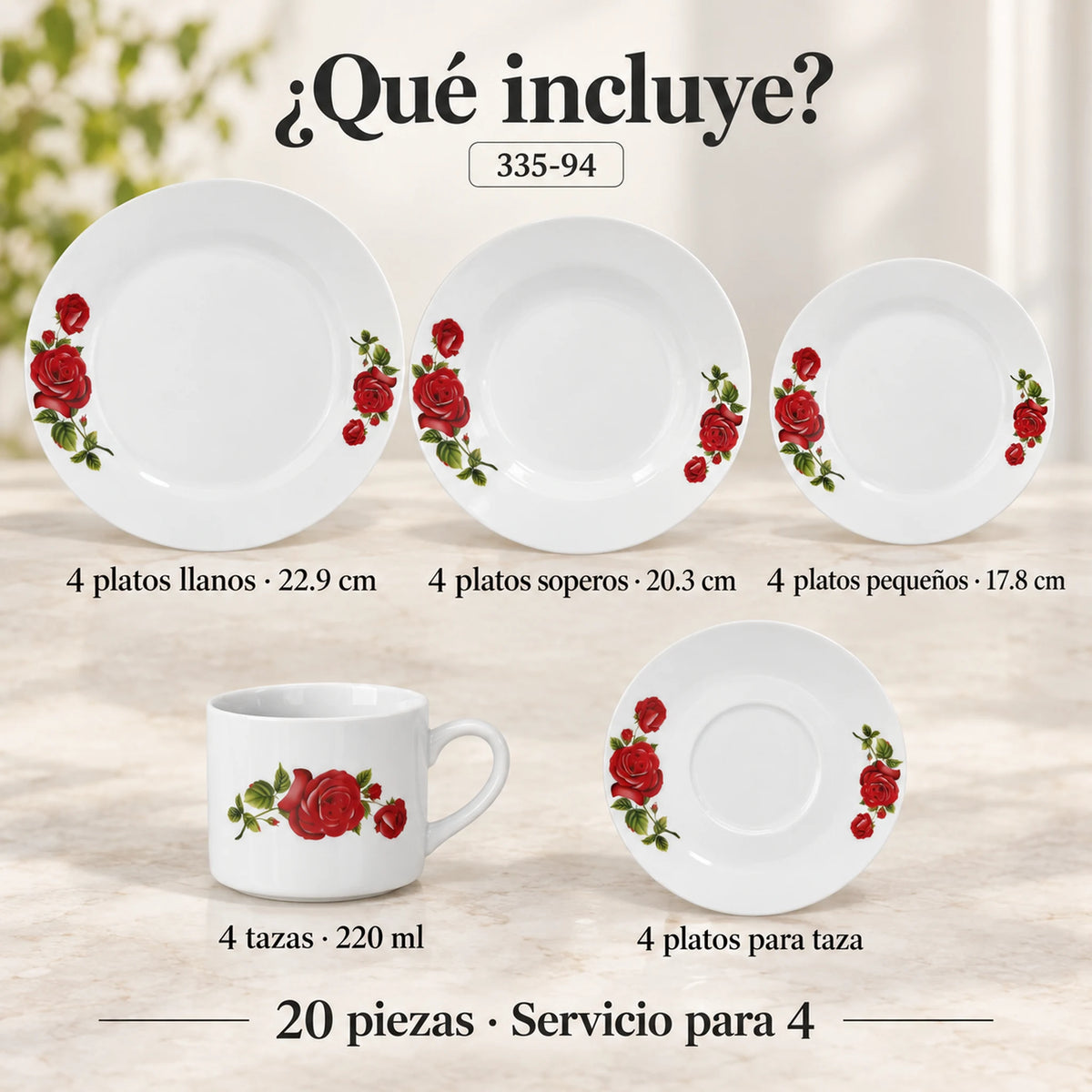 Piezas incluidas en la vajilla de porcelana Lotus, diseño Rosa Imperial: platos, plato hondo, plato de postre, taza y plato