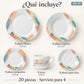 Piezas incluidas en la vajilla de porcelana Lotus, diseño Acuarela Coral: platos, plato hondo, plato de postre, taza y plato