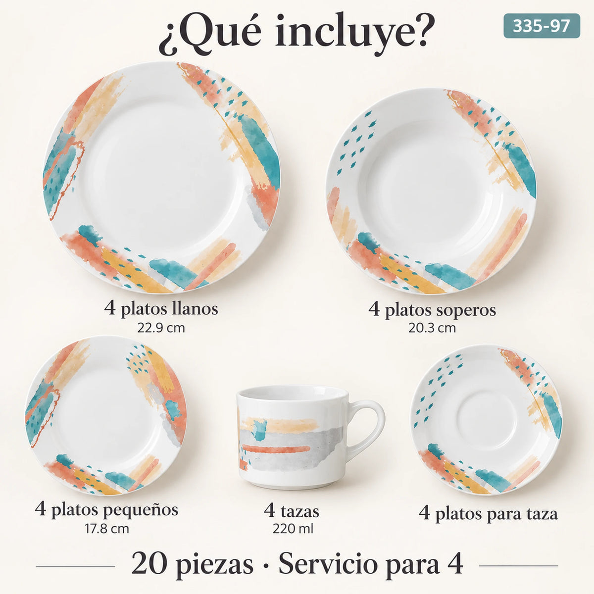 Piezas incluidas en la vajilla de porcelana Lotus, diseño Acuarela Coral: platos, plato hondo, plato de postre, taza y plato