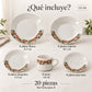 Piezas incluidas en la vajilla de porcelana Lotus, diseño Jardín Toscana: platos, plato hondo, plato de postre, taza y plato