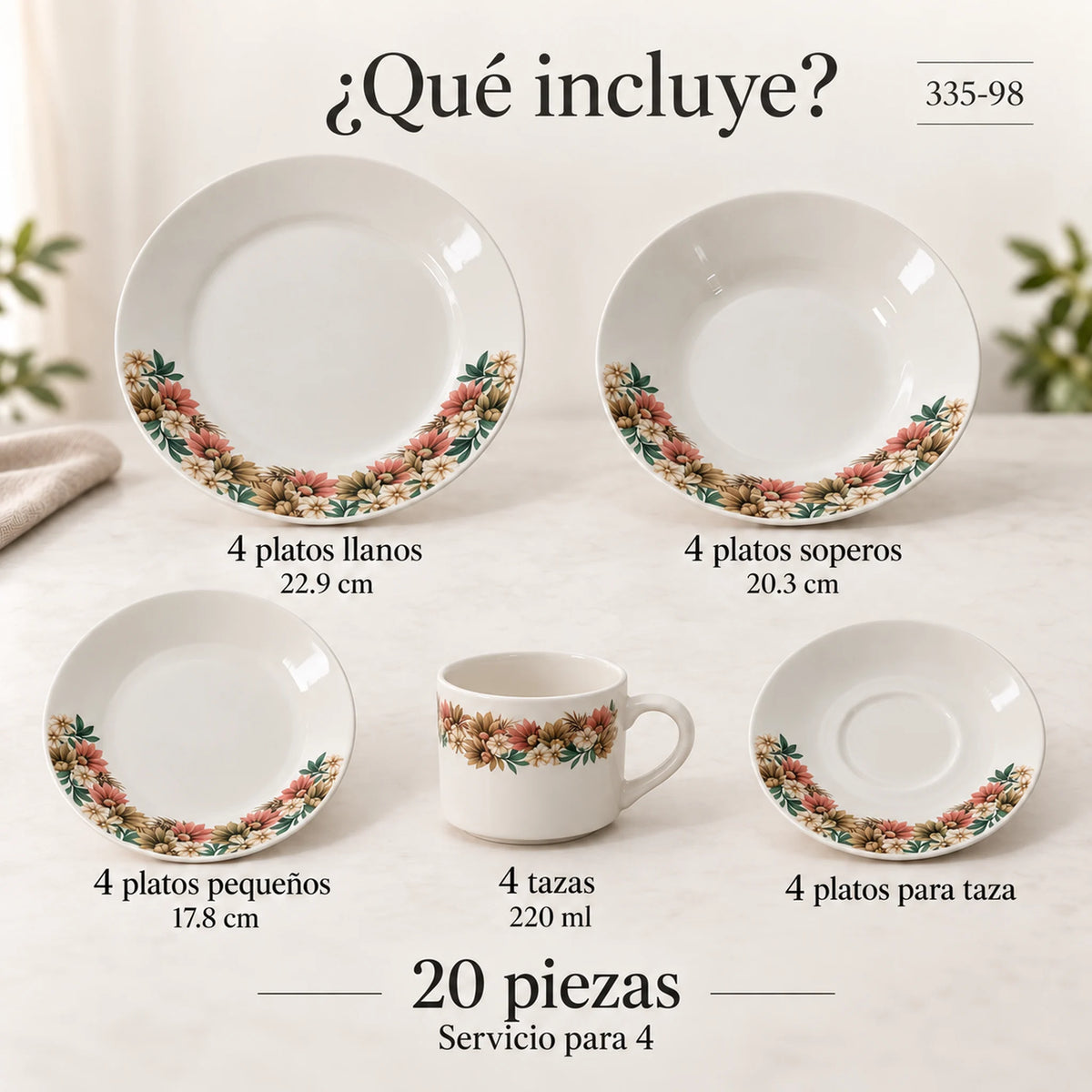 Piezas incluidas en la vajilla de porcelana Lotus, diseño Jardín Toscana: platos, plato hondo, plato de postre, taza y plato
