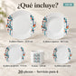 Piezas incluidas en la vajilla de porcelana Lotus, diseño Mosaico Nórdico: platos, plato hondo, plato de postre, taza y plato
