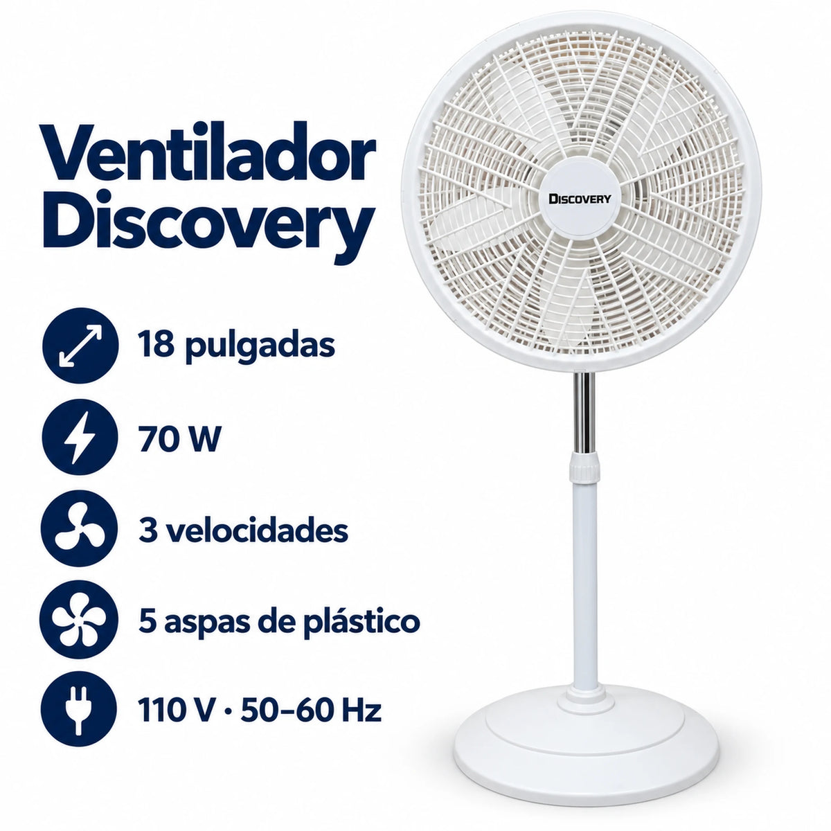 Ventilador de pedestal blanco de 18 pulgadas – características principales: 18 pulgadas, 70 W, 3 velocidades