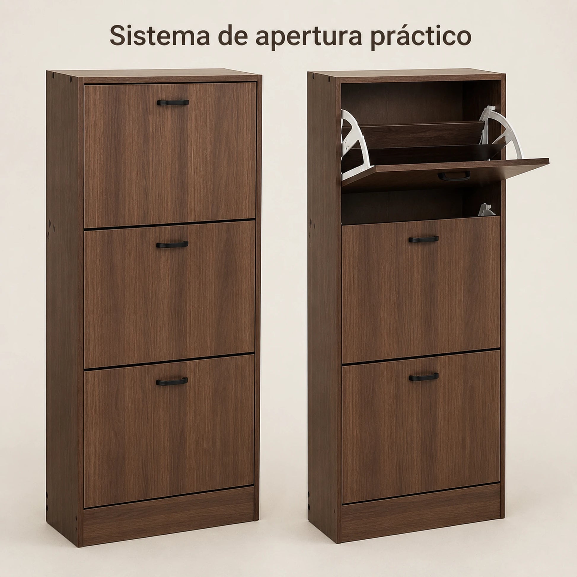 Sistema de apertura abatible de la zapatera de madera nogal, con un nivel abierto
