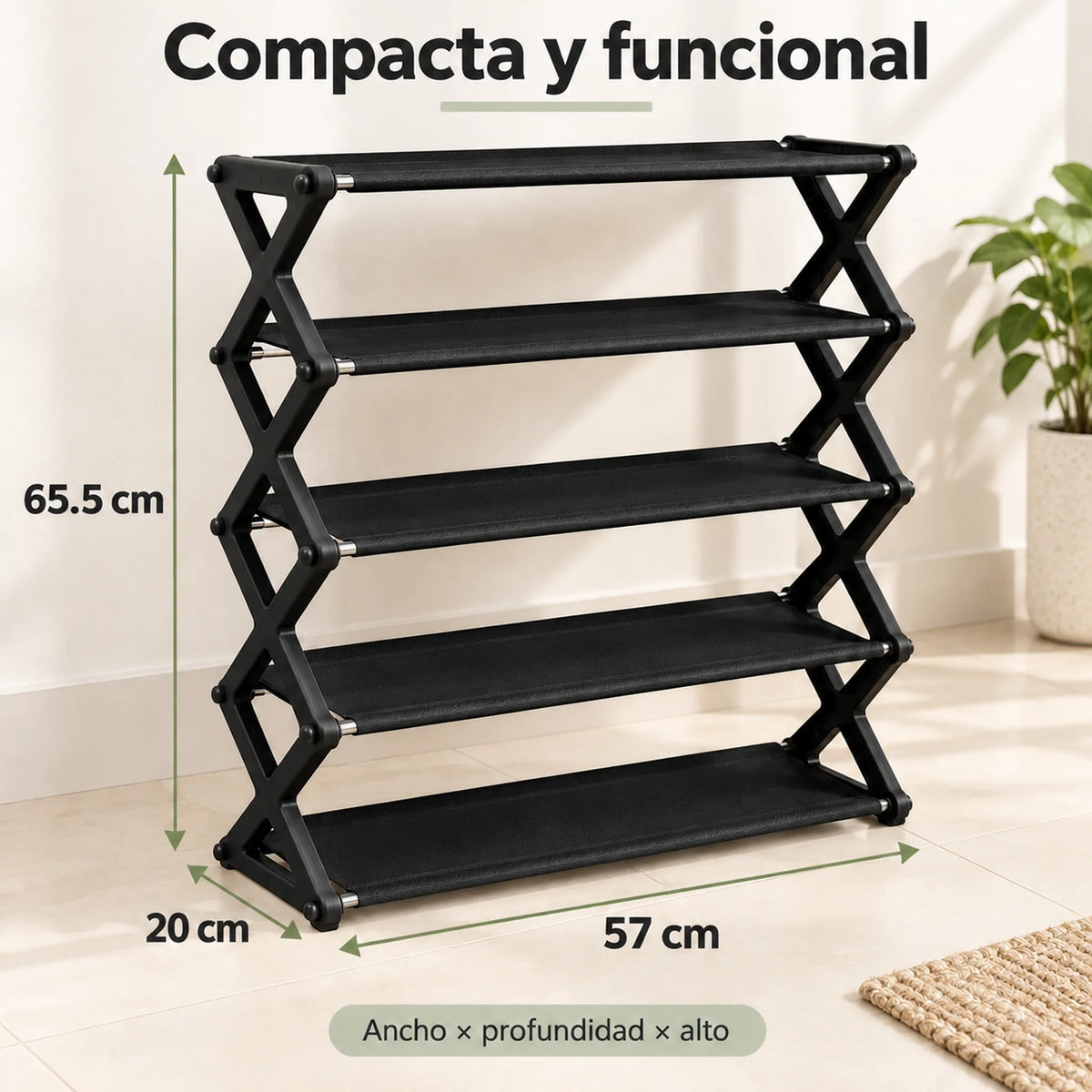 Zapatera de 5 niveles color negro – medidas: 57 x 20 x 65.5 cm
