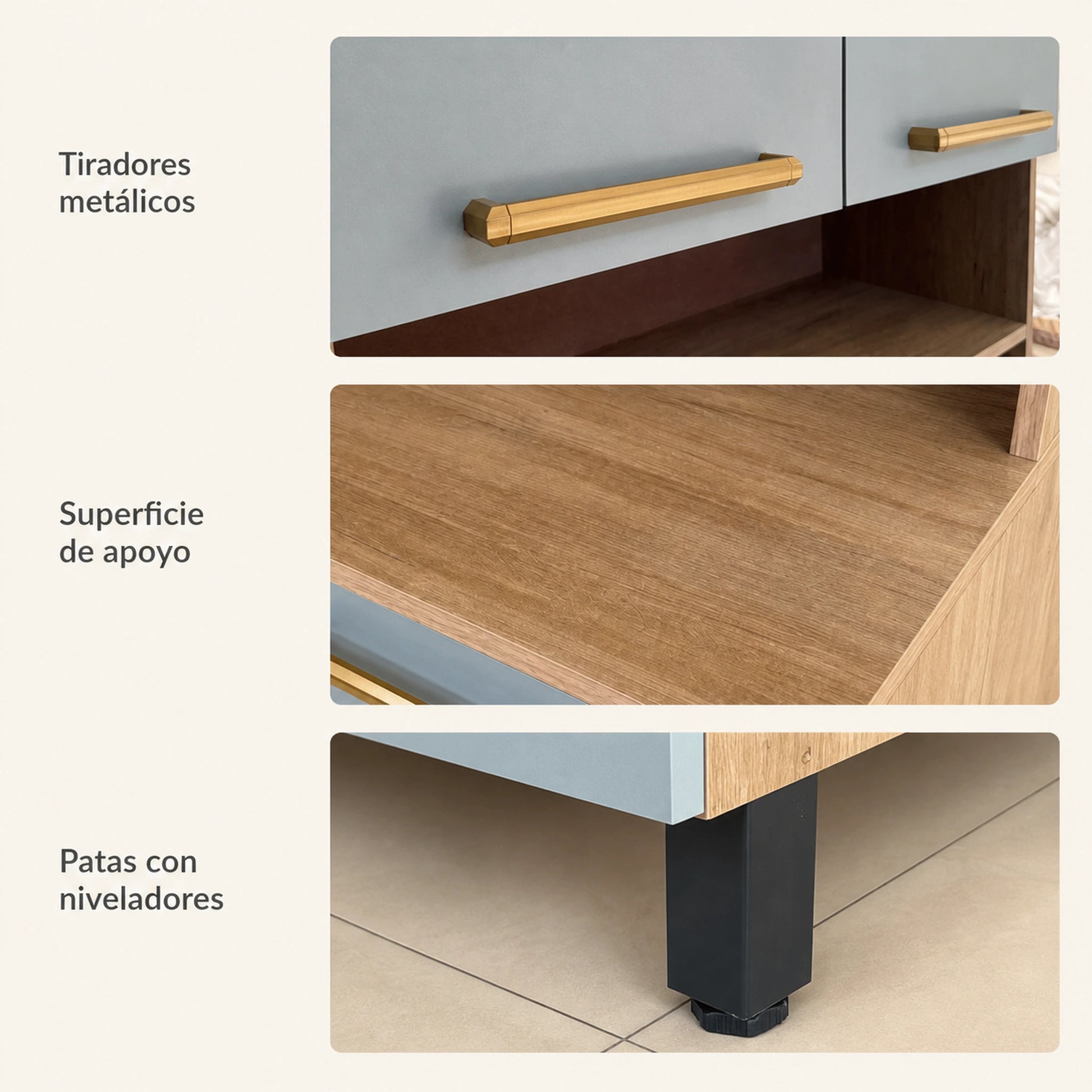 Detalles de la alacena alta de cocina: tiradores metálicos, superficie de apoyo en madera y patas con niveladores