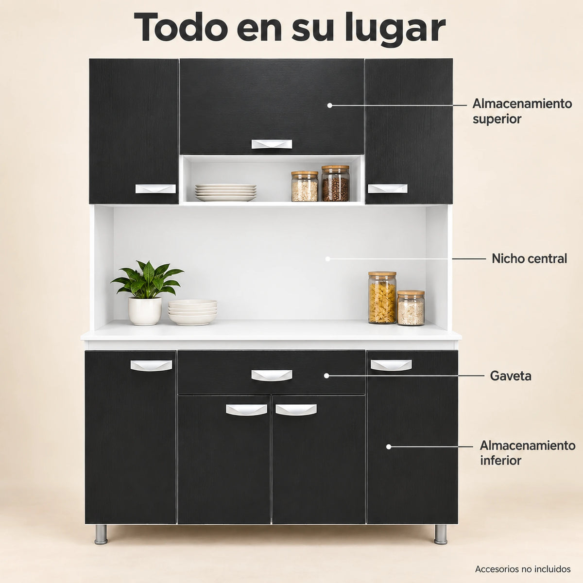 Alacena de cocina 7 puertas y 1 gaveta color Negro/Blanco – organización por zonas: almacenamiento superior, nicho central, gaveta y almacenamiento inferior