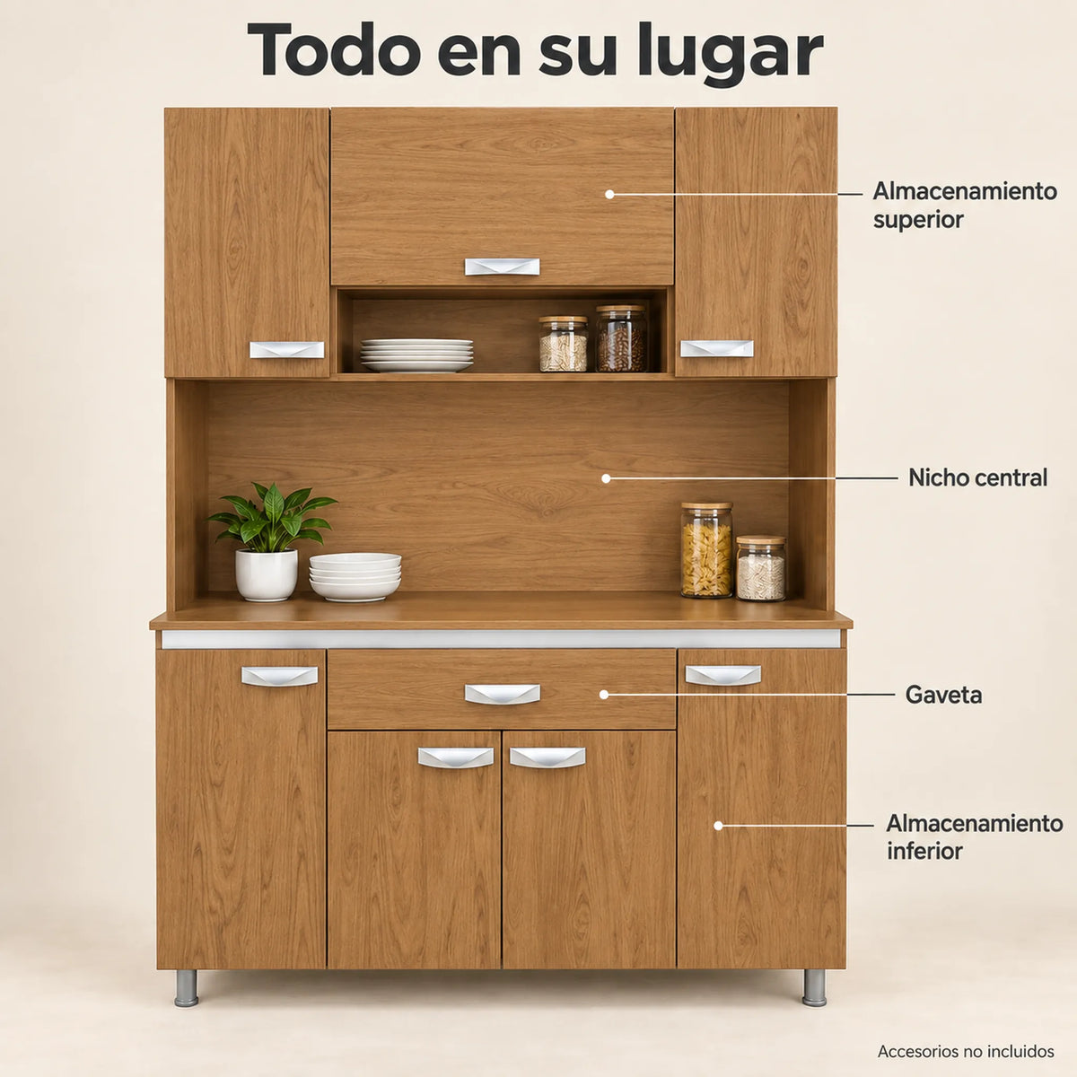 Alacena de cocina 7 puertas y 1 gaveta color Roble Miel – organización por zonas: almacenamiento superior, nicho central, gaveta y almacenamiento inferior