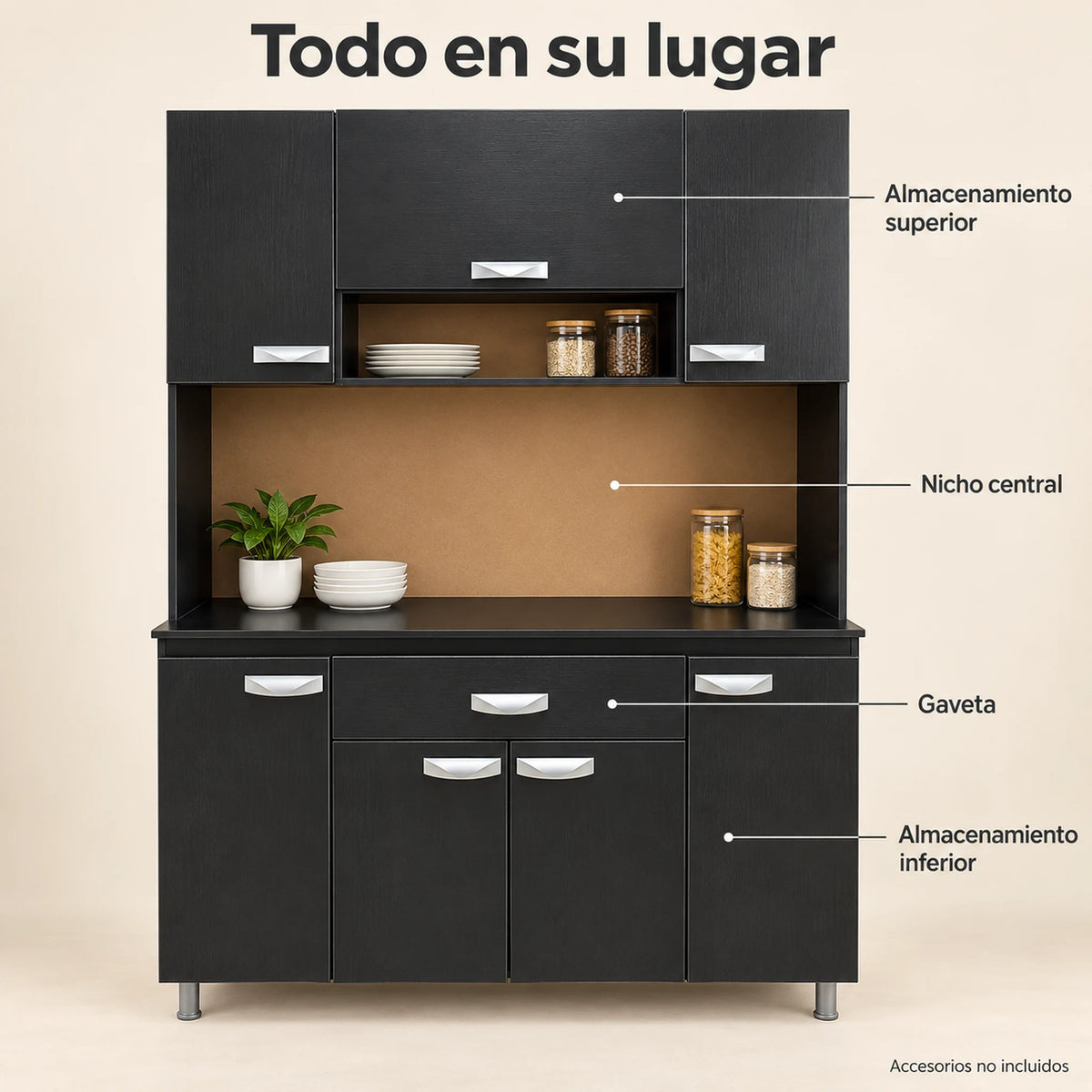 Alacena de cocina 7 puertas y 1 gaveta color Negro/Wengué – organización por zonas: almacenamiento superior, nicho central, gaveta y almacenamiento inferior