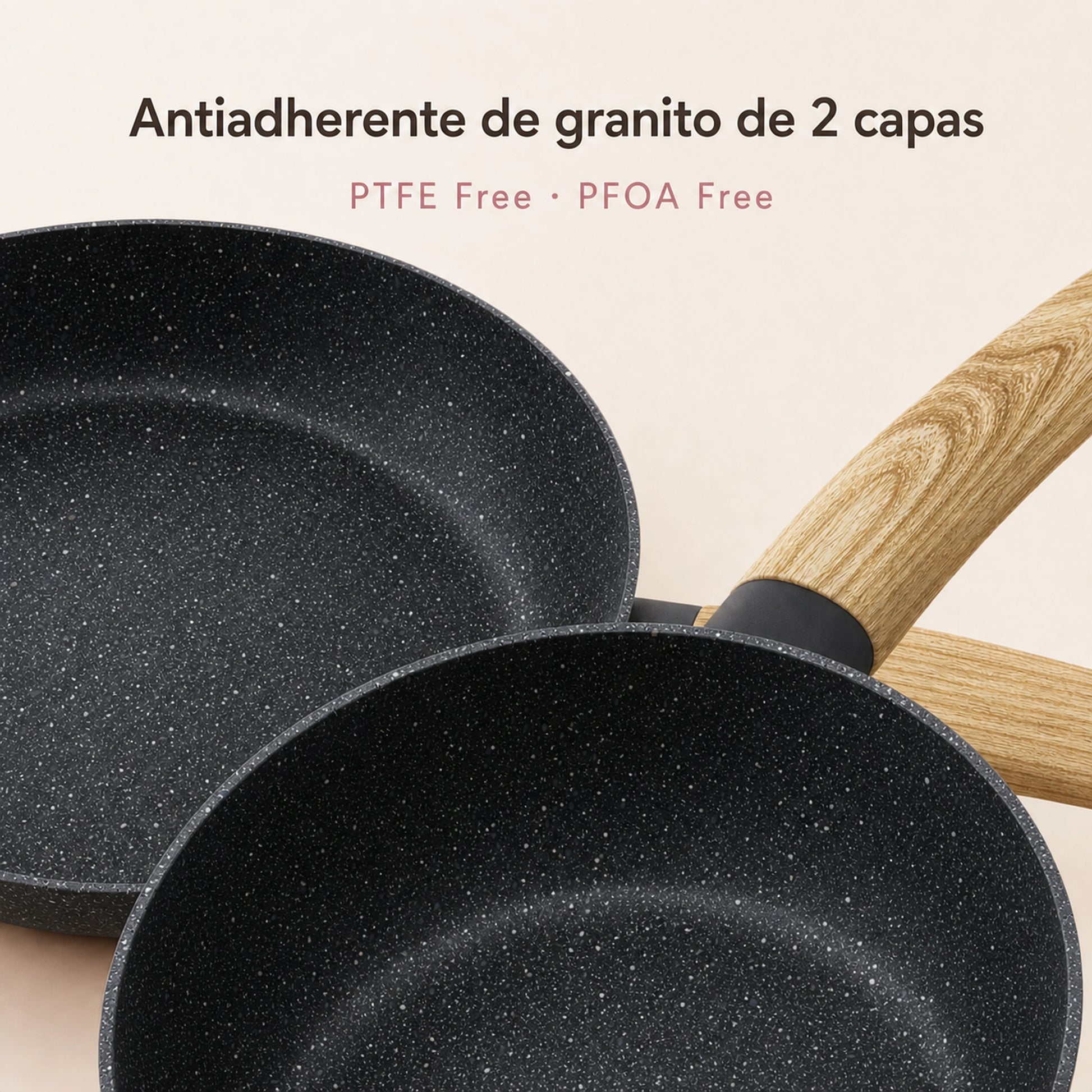 Detalle del recubrimiento antiadherente de la batería de cocina Negro