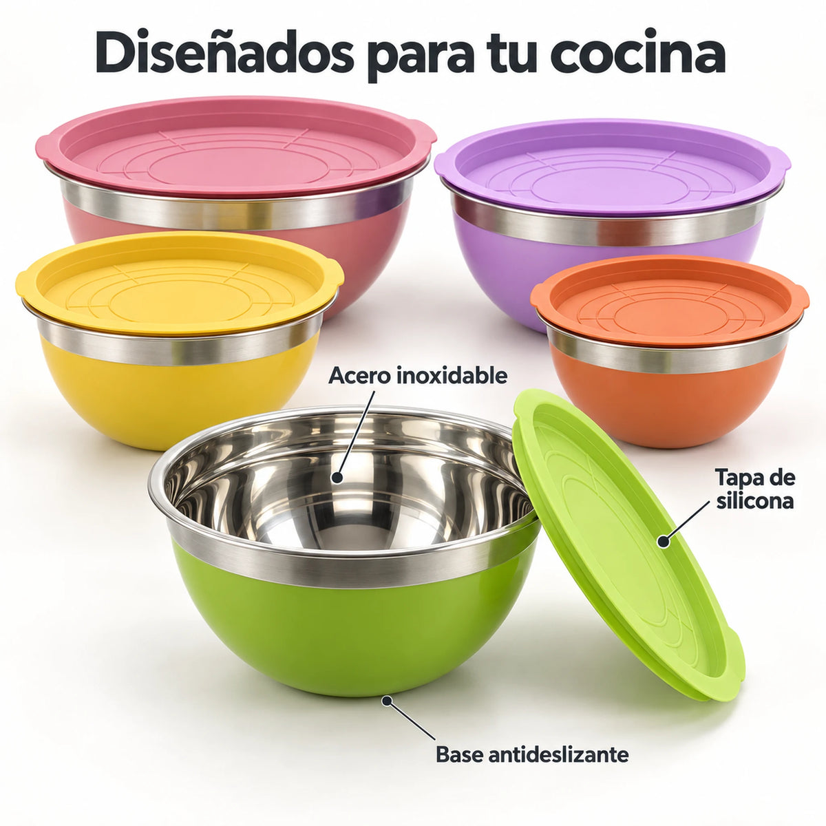 Bowls Lotus con interior de acero inoxidable, tapa de silicona y base antideslizante