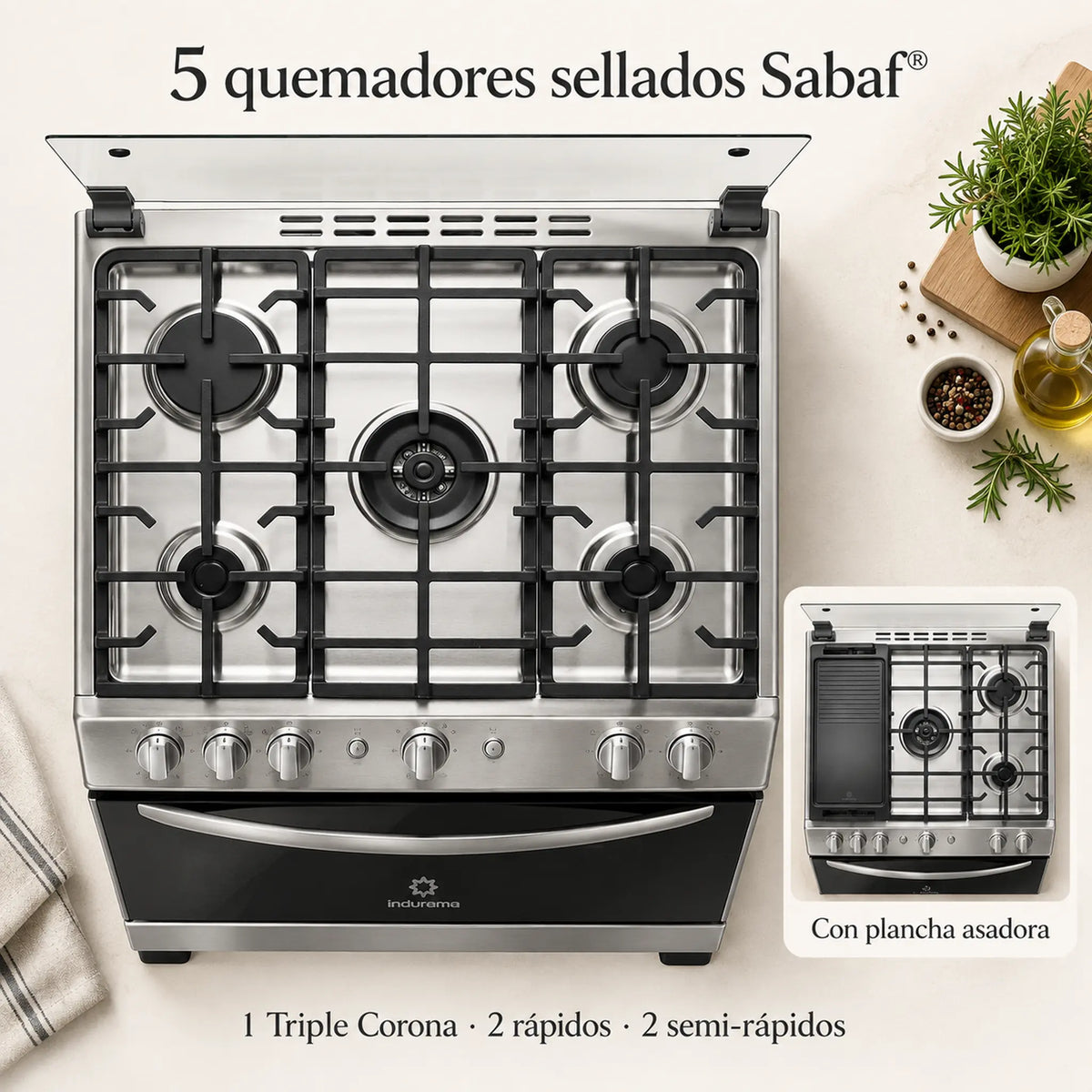 Cocina a Gas Indurama Turín Zafiro, vista superior de los 5 quemadores sellados Sabaf