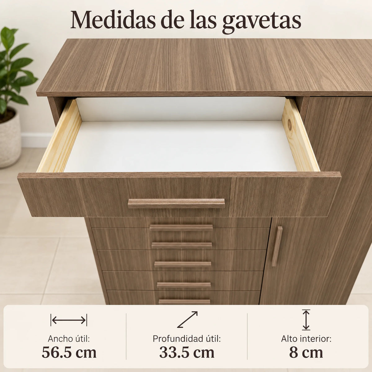 Cómoda New Mónaco acabado Café Veteado, medidas interiores de las gavetas