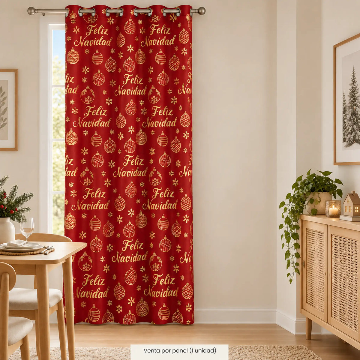 Cortina navideña Pasión Guajira Elfo roja con letras Feliz Navidad doradas – en un comedor navideño