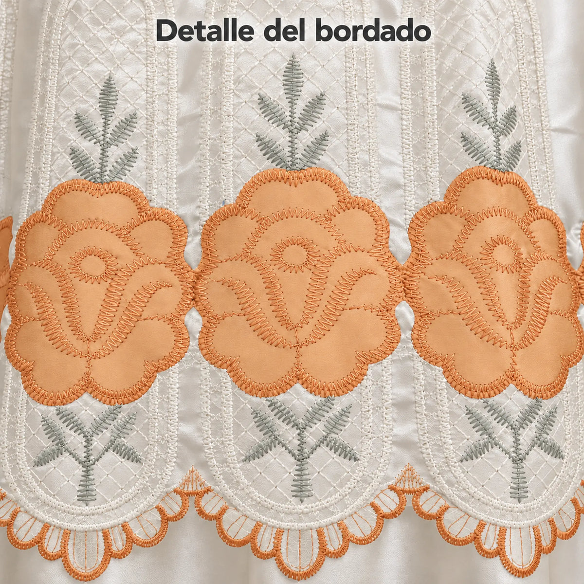 Par de cortinas bordadas satinadas con cenefa, fondo cream con bordado naranja coral – detalle del bordado de flores