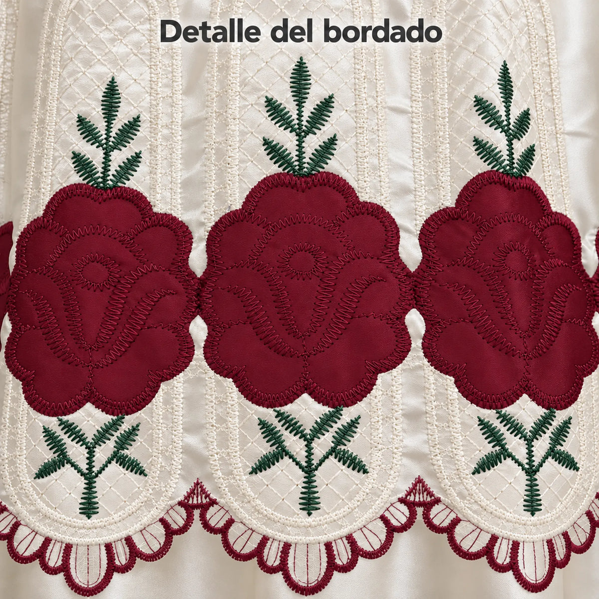 Par de cortinas bordadas satinadas con cenefa, fondo cream con bordado rojo vino – detalle del bordado de flores