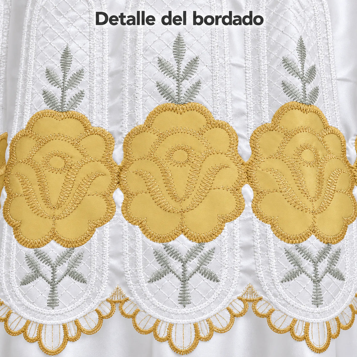 Par de cortinas blancas bordadas satinadas con cenefa, bordado dorado – detalle del bordado de flores