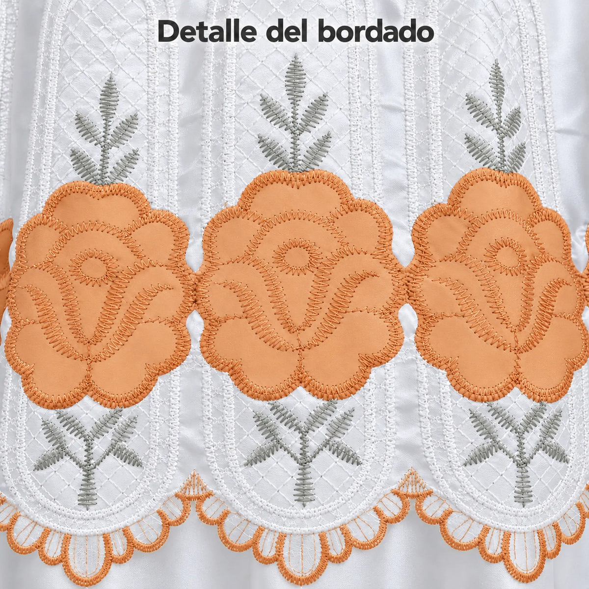 Par de cortinas blancas bordadas satinadas con cenefa, bordado naranja coral – detalle del bordado de flores