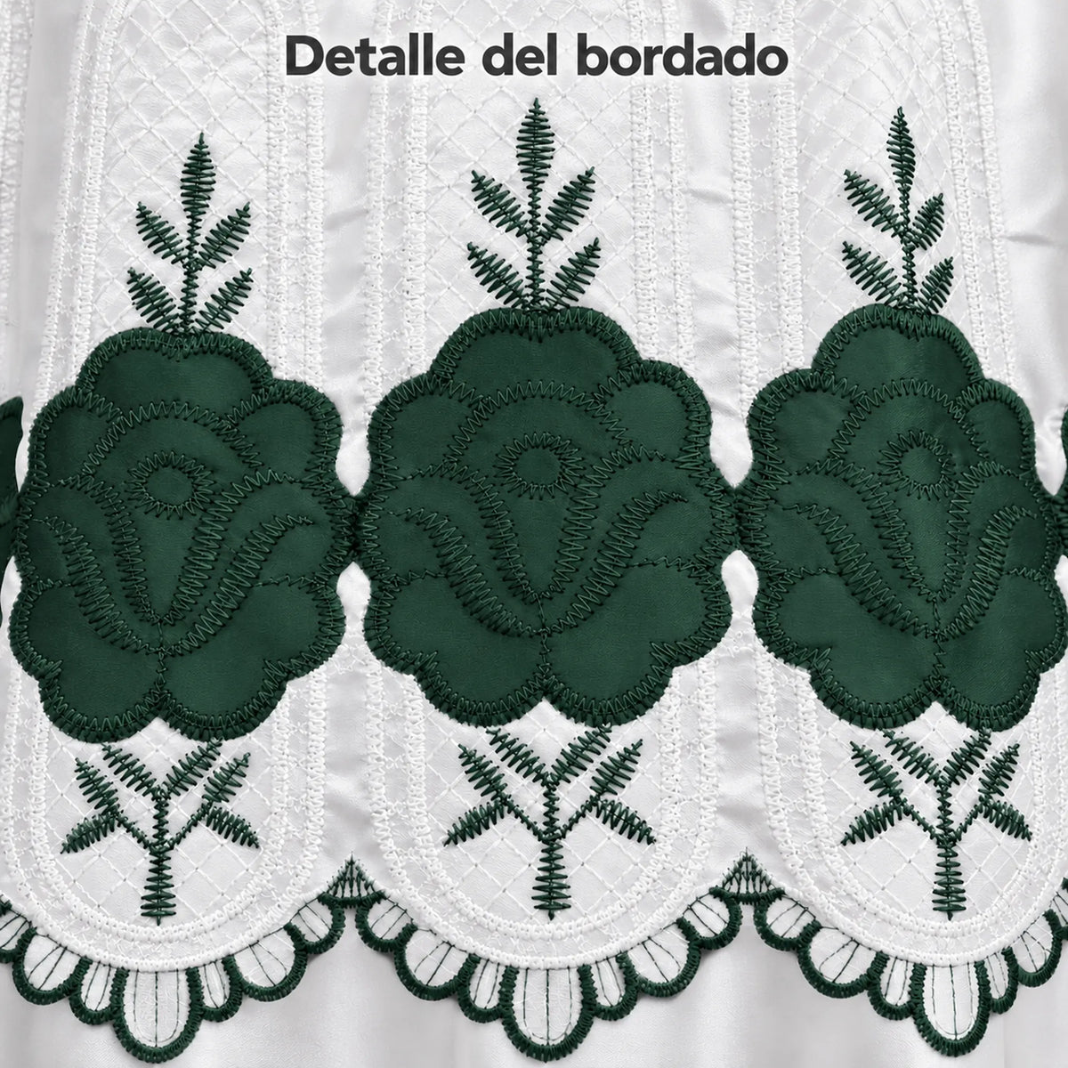 Par de cortinas blancas bordadas satinadas con cenefa, bordado verde esmeralda – detalle del bordado de flores