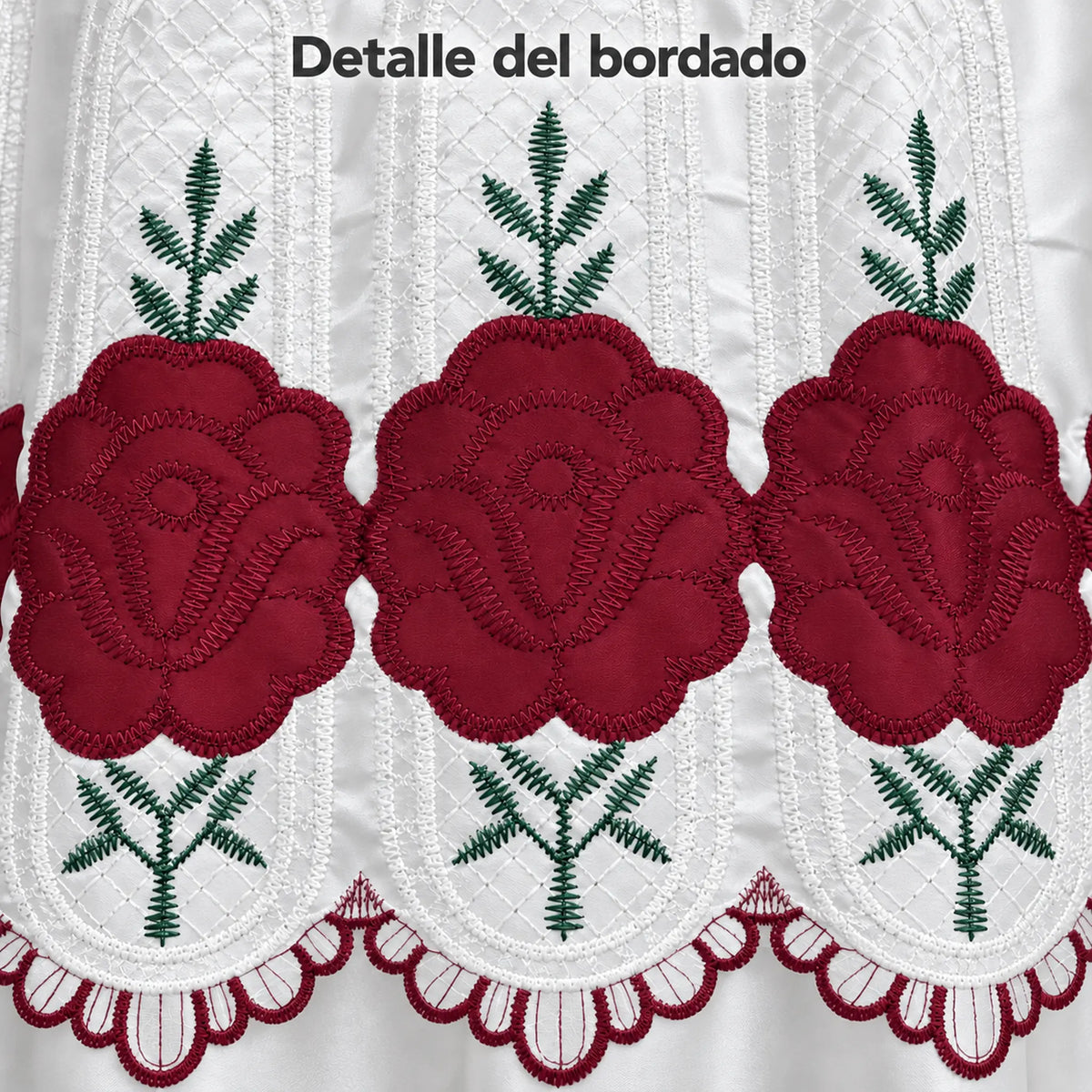 Par de cortinas blancas bordadas satinadas con cenefa, bordado rojo vino – detalle del bordado de flores