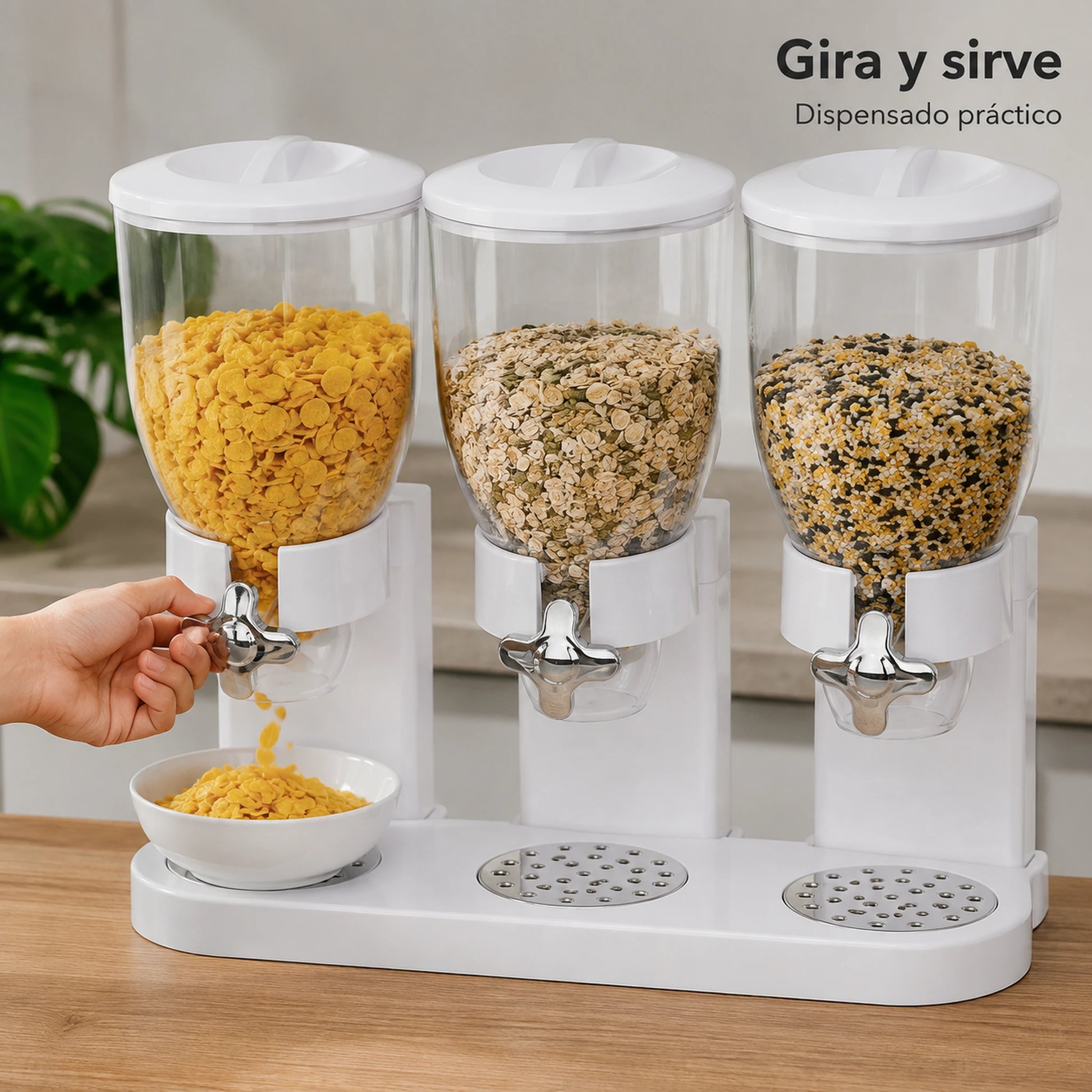 Mano girando la perilla del dispensador de cereal blanco para servir cereal en un tazón
