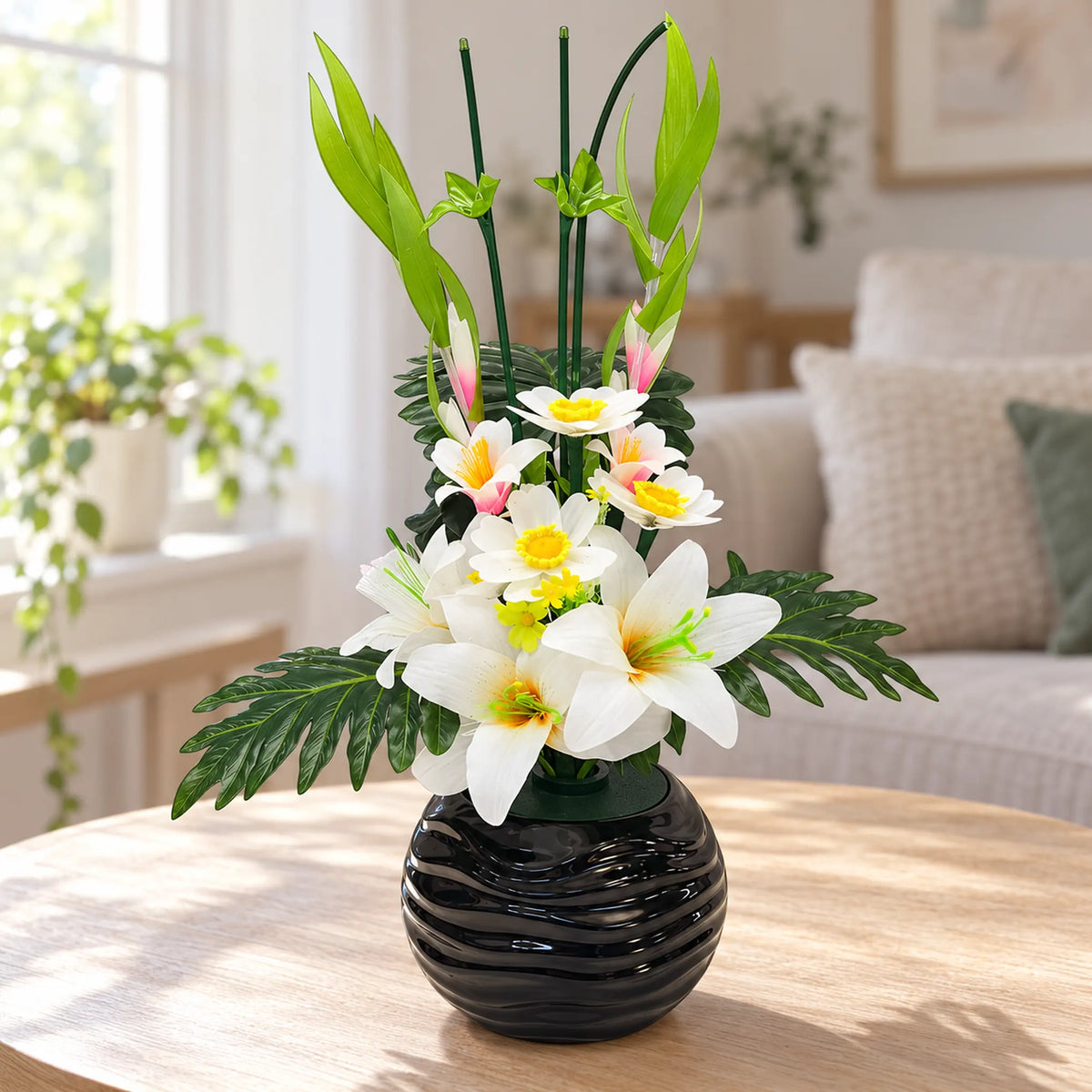 Arreglo de flores artificiales con luz LED, diseño Lirio Blanco – apagado en la sala