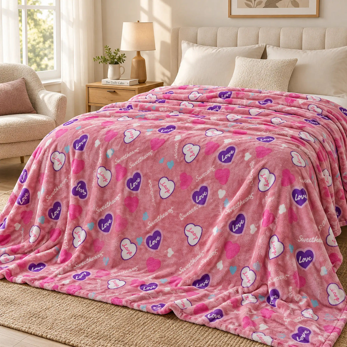 Frazada estampada afelpada 200 x 240 cm, diseño Corazones Rosa – en un dormitorio luminoso