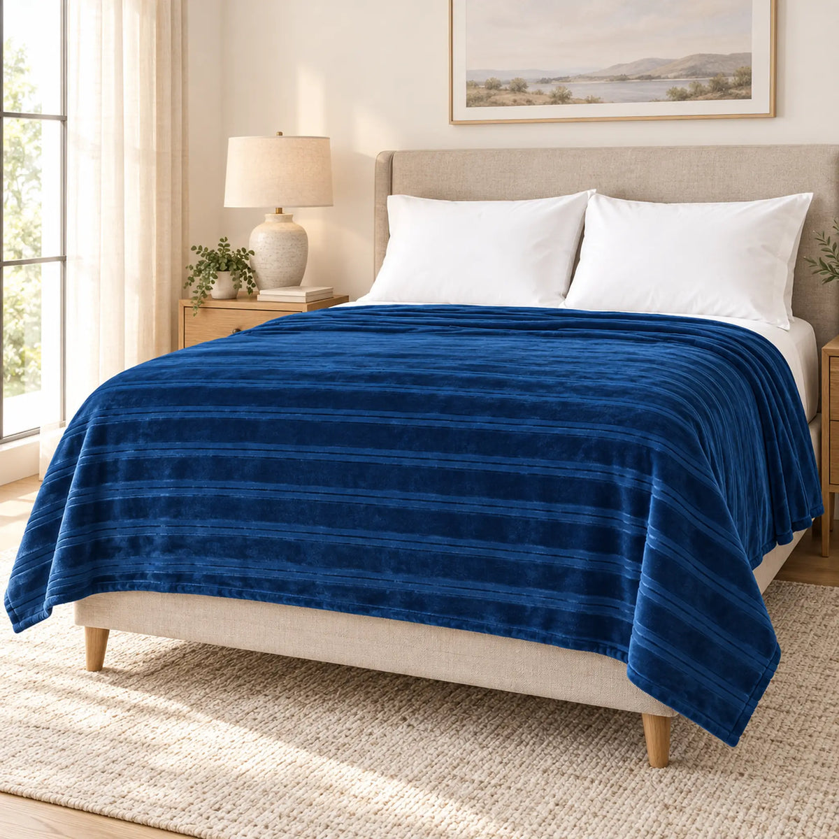 Frazada full azul marino de 180 x 220 cm con rayas en relieve – en un dormitorio
