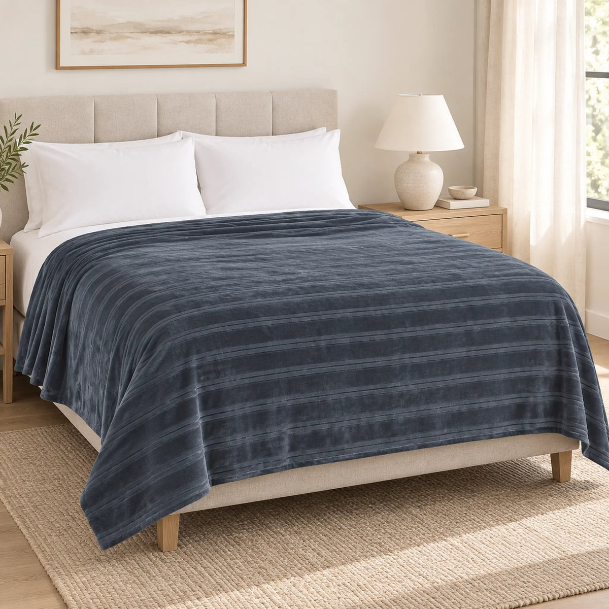 Frazada full gris de 180 x 220 cm con rayas en relieve – en un dormitorio