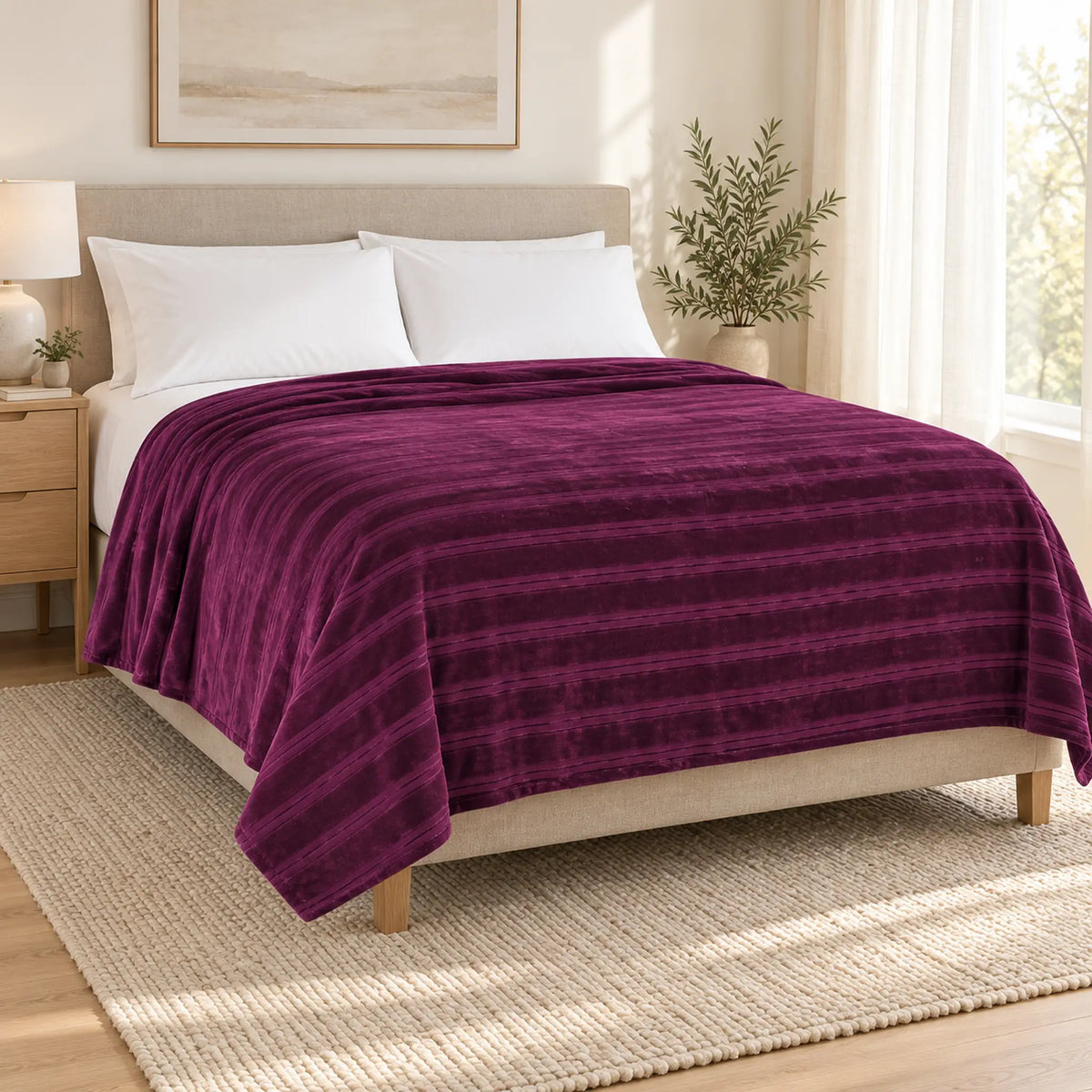 Frazada full morado de 180 x 220 cm con rayas en relieve – en un dormitorio