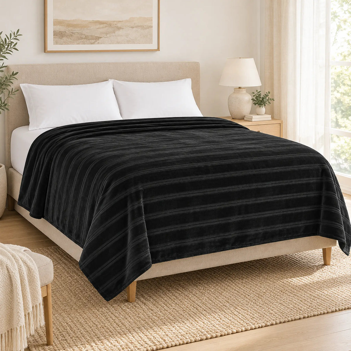 Frazada full negra de 180 x 220 cm con rayas en relieve – en un dormitorio