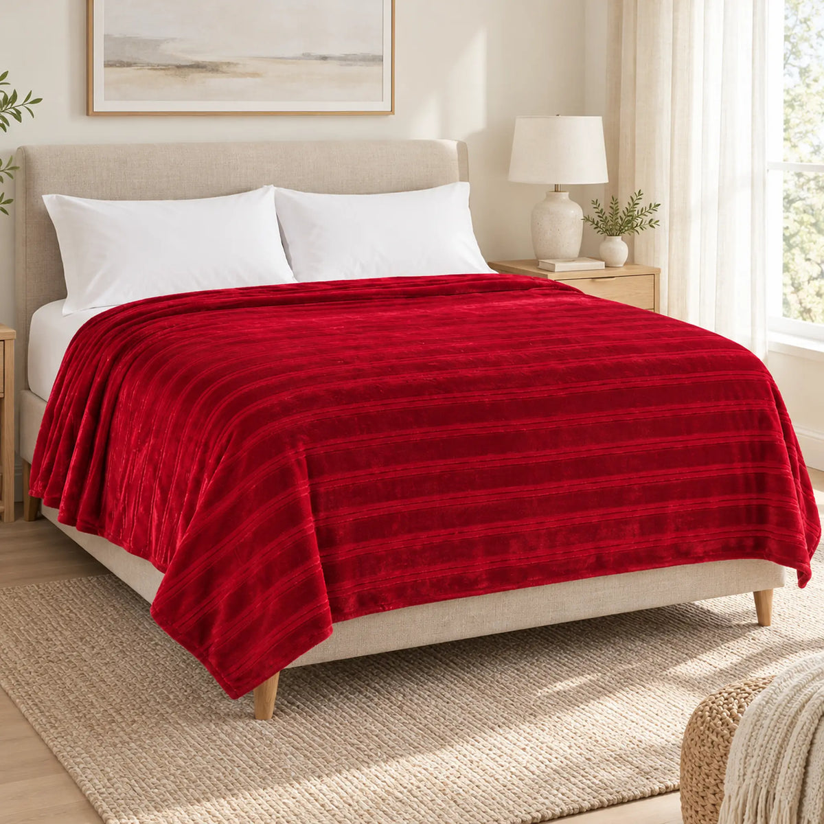 Frazada full roja de 180 x 220 cm con rayas en relieve – en un dormitorio