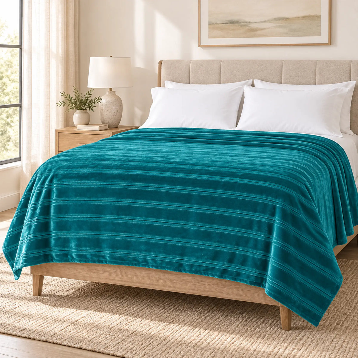 Frazada full turquesa de 180 x 220 cm con rayas en relieve – en un dormitorio