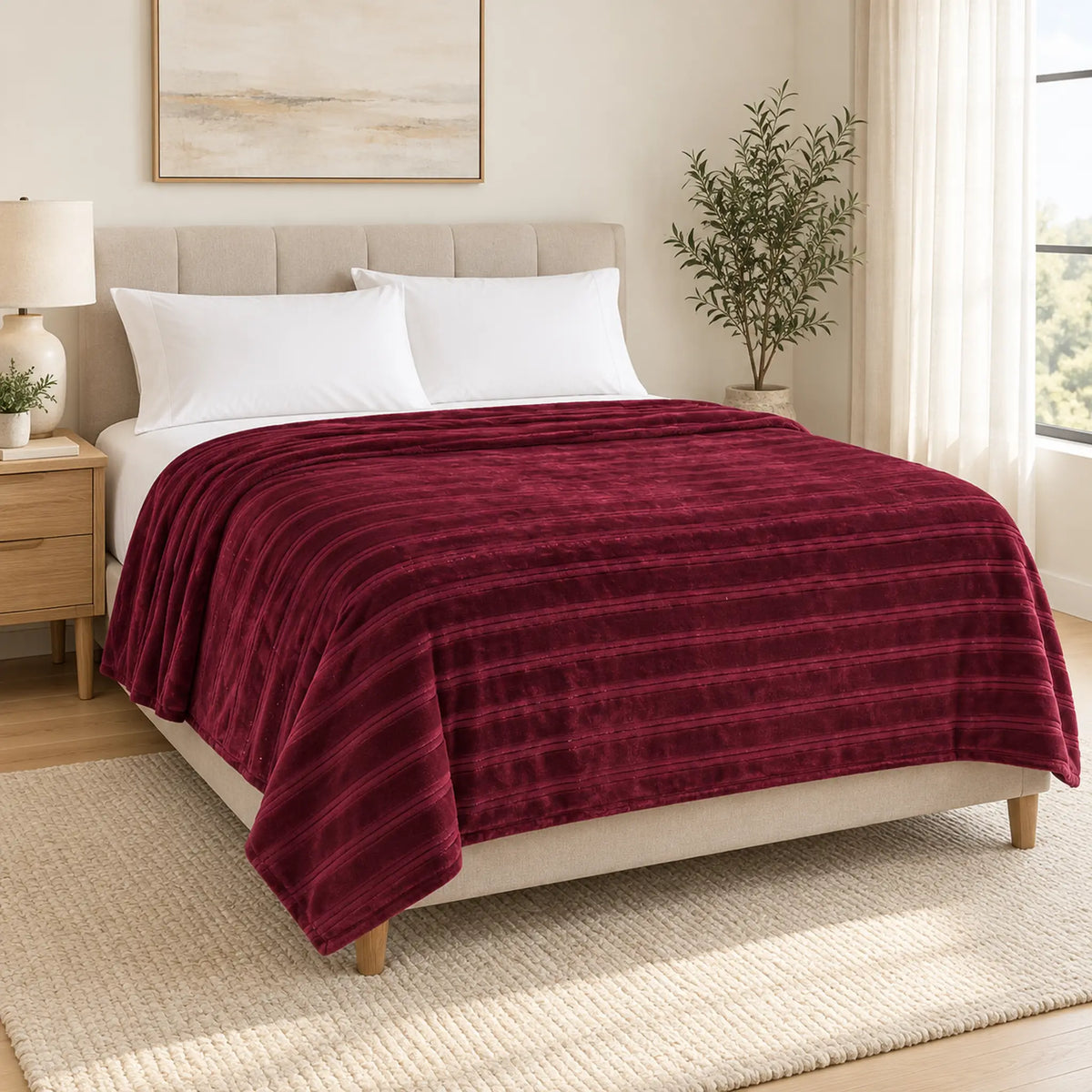 Frazada full color vino de 180 x 220 cm con rayas en relieve – en un dormitorio
