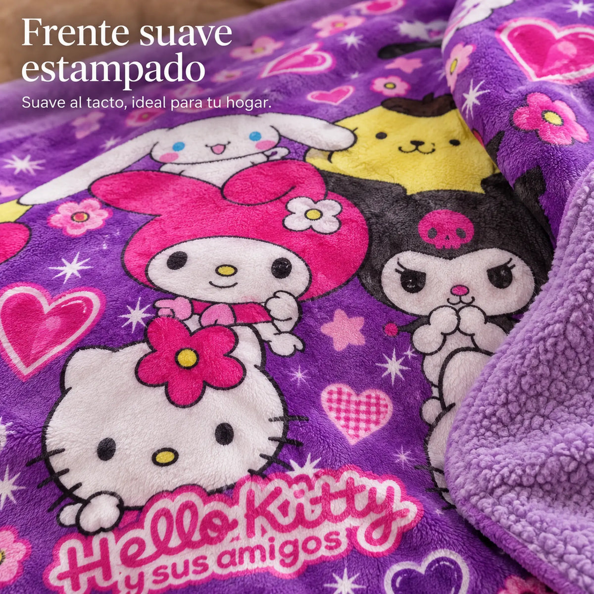 Frazada reversible piel de oveja, diseño Hello Kitty, textura del lado con estampado