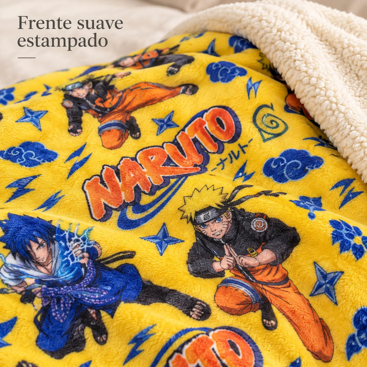 Frazada reversible piel de oveja, diseño Naruto, textura del lado con estampado