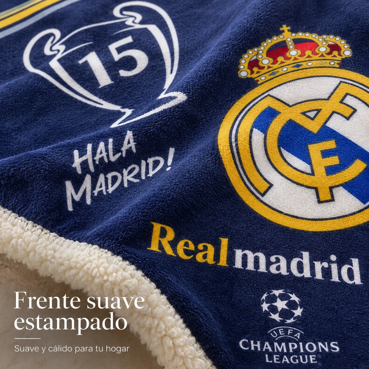 Frazada reversible piel de oveja, diseño Real Madrid, textura del lado con estampado