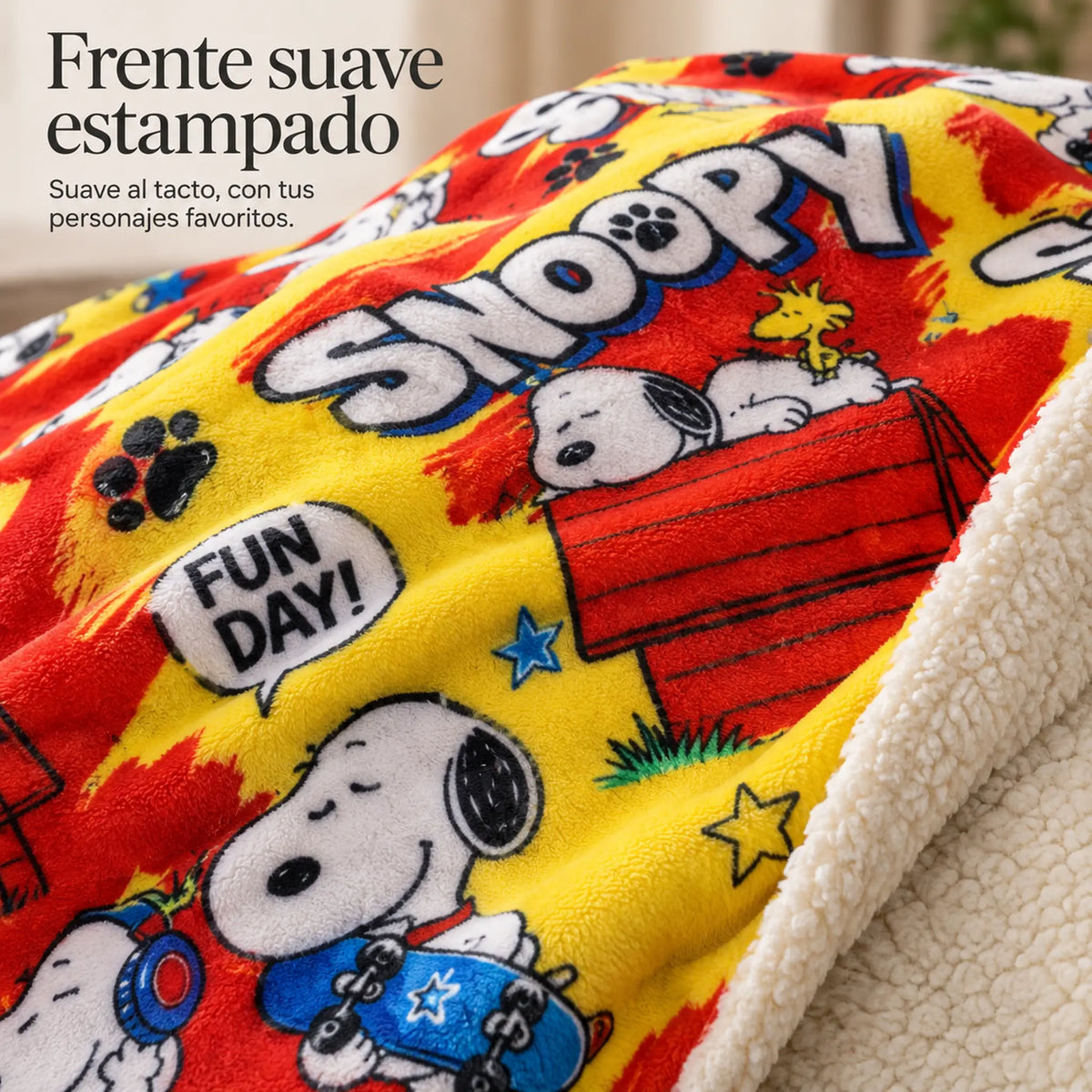 Frazada reversible piel de oveja, diseño Snoopy, textura del lado con estampado