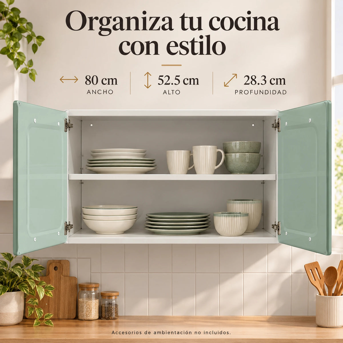 Gabinete aéreo de cocina metálico Bertolini de 2 puertas abierto con platos y tazas organizados