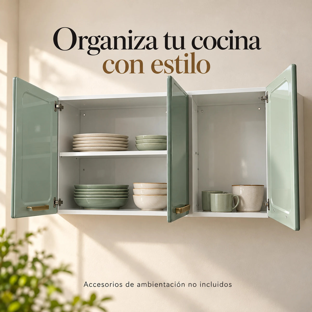 Gabinete aéreo de cocina metálico Bertolini de 3 puertas abierto con vajilla organizada
