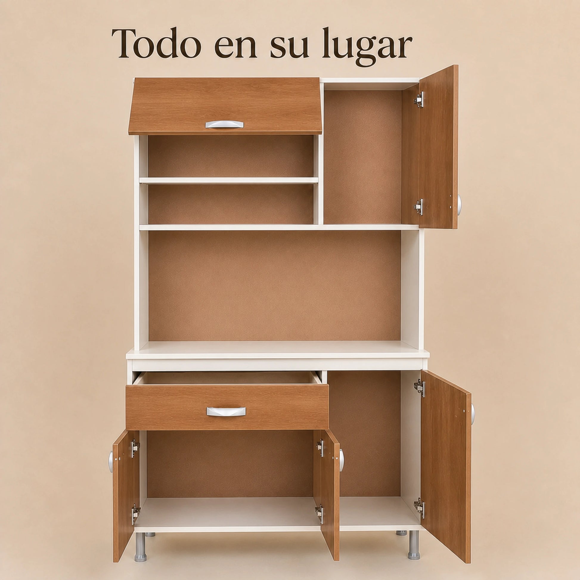 Interior abierto del gabinete de cocina grande en Blanco y Madera