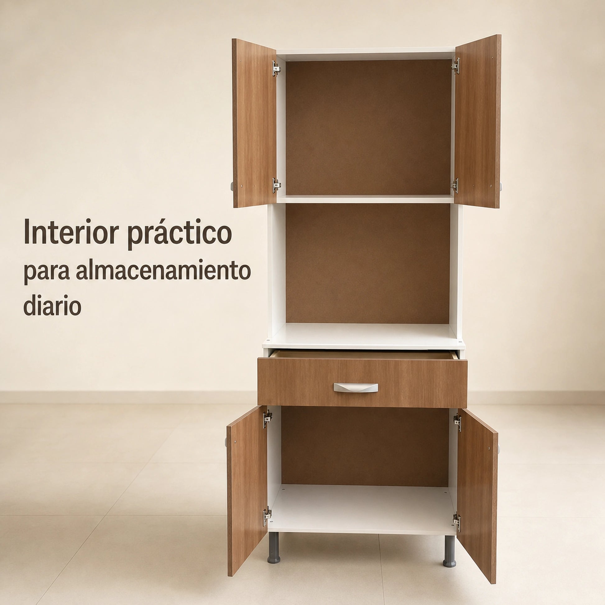 Gabinete de cocina en Blanco y Madera: interior para almacenamiento diario