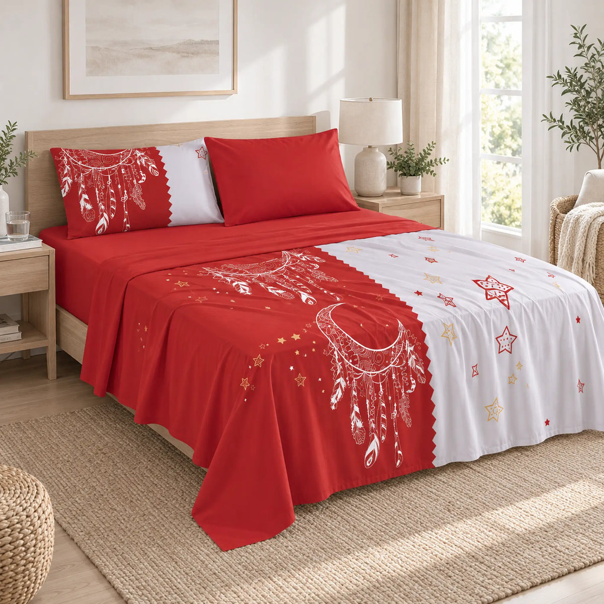 Juego de sábanas 4 piezas estampado rojo con atrapasueños y estrellas – en un dormitorio
